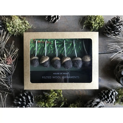 Felted Wool Mini Acorn Ornaments - Set of 6 (Morel Brown)