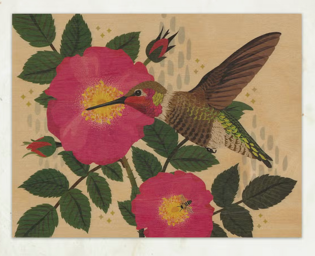 Hummingbird & Wild Rose Wooden Art Print