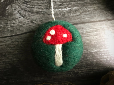 Pine Green w/ Mushroom- Felted Ornament