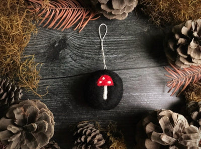 Black w/ Mushroom- Felted Ornament