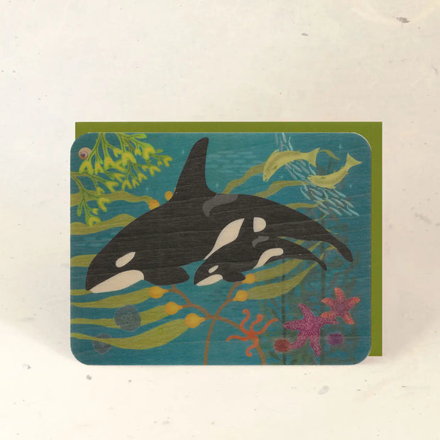 Orca and Baby Wood Greeting Card