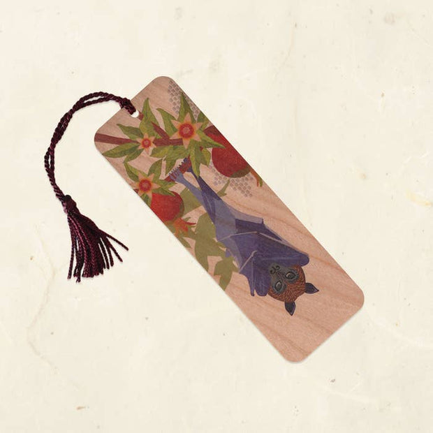Fruit Bat and Pomegranate Wood Bookmark with Tassel