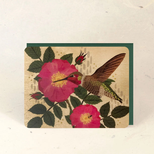 Hummingbird & Rose Wood Greeting Card
