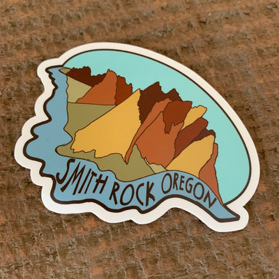 Remember the sun-warmed rocks, winding Crooked River, and towering sagebrush of Smith Rock State Park?   This thick, durable vinyl die cut sticker is 3.89" x 3" and resists scratching, rain, and sunlight.  Designed by Sweet Pea Cole in Bend, Oregon.