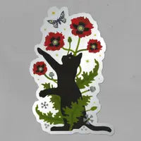 Black Cat & Poppies Matte Mirror PVC-Free Sticker
