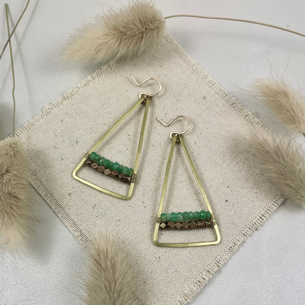 Triangle, Brass Beads, and Stones Earrings