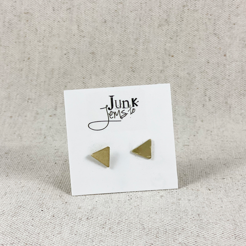 Triangle stud earrings made from recycled brass with sterling silver posts, made by hand in Bend, Oregon